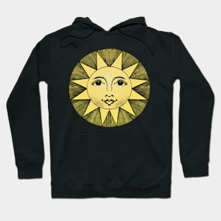 celestial yellow sun with face line drawing vintage Hoodie